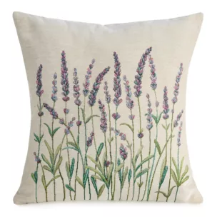 Poszewka na poduszkę 45x45 cm bawełniana, gobelinowa naturalno, zielona z nadrukiem lawendy GOBELIN Eurofirany