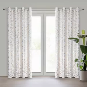 Zasłona biało szampańska zdobiona nadrukiem liści 140x250 cm złota przelotka - MILENA Eurofirany