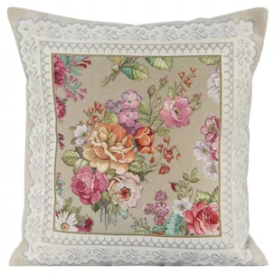 Poszewka na poduszkę 45x45 cm gobelinowa zdobiona tkanym motywem kwiatowym oliwkowo, różowa GOB Eurofirany