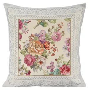 Poszewka na poduszkę 45x45 cm gobelinowa zdobiona tkanym motywem kwiatowym jasnoszara, różowa GOB Eurofirany