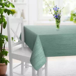 Obrus szyty miętowy z tkaniny welwetowej w pionowe prążki, wykończona obciążnikiem