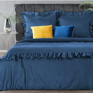Pościel 160x200 cm bawełniana z makosatyny kolor ciemnoniebieski z falbanami w romantycznym stylu Reina Line Eurofirany