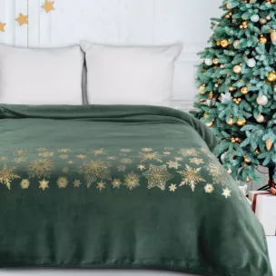 Koc  150x200 cm ciemnozielono, złoty ozdobiony gwiazdkami JOY Eurofirany