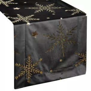 Bieżnik świąteczny 40x140 cm czarno, szampański welwetowy zdobiony błyszczącym nadrukiem Eurofirany