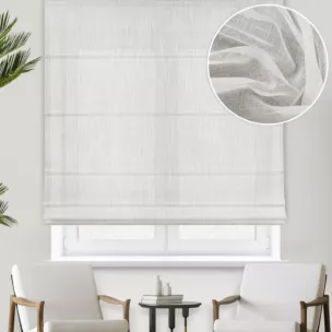 Roleta rzymska naturalna z gładkiej, miękkiej etaminy z delikatnie zarysowanym wzorem w prążki, wykończona obciążnikiem