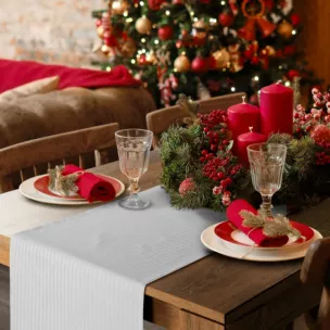 Bieżnik na stół srebrny 40x140 cm z żakardowej tkaniny FLASH w prążki przetykane srebrną nicią