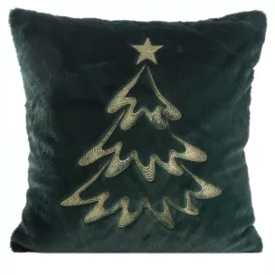 Poszewka na poduszkę świąteczna 45x45 cm ciemnozielono, szampańska z przyjemnego futerka zdobiona haftem choinki Eurofirany