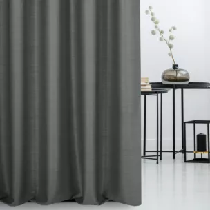 Zasłona szyta na flexach stalowa z miękkiej tkaniny o naturalnym splocie w stylu ekologicznym