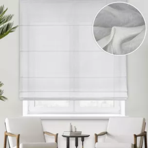 Roleta rzymska biała z delikatnej w dotyku etaminy w stylu eko z efektem kreszowania, wykończona obciążnikiem