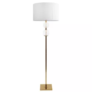 Lampa stojąca do pokoju biało, złota ARIANA na podstawie łączącej szkło metal i abażur z matowej nici Eurofirany