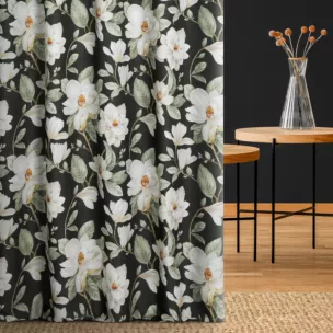 Zasłona szyta na flexach grafitowo kremowa z tkaniny o płóciennym splocie z nadrukiem w magnolie