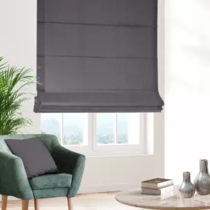 Roleta rzymska grafitowa z półmatowej etaminy o luźnym splocie, wykończona obciążnikiem