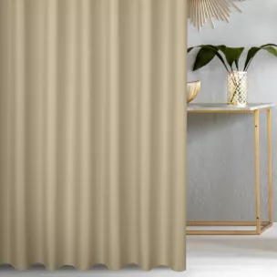 Zasłona szyta na taśmie fala ciemnokremowa z gładkiej tkaniny zaciemniającej typu dimout wykończona obciążnikiem