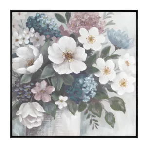 Obraz kremowo, zielony ręcznie malowane kwiaty na płótnie z błyszczącymi akcentami 80x80 cm Eurofirany