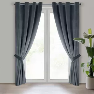 Zasłona grafitowa z tkaniny welwetowej, troczek w zestwie 140x270 cm przelotka + troczek ANTARA Eurofirany