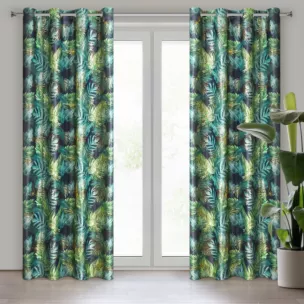 Zasłona czarno, zielona z błyszczącym wzorem egzotycznych liści z welwetu 140x250 cm przelotka DAVOS  Eurofirany
