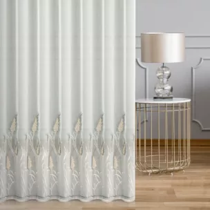 Firana szyta na flexach naturalno popielata z delikatnej tkaniny typu aden, wykończonej roślinnym haftem