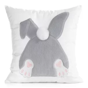 Wielkanocna poszewka na poduszkę 45x45 cm welwetowa z uroczym zajączkiem biało, srebrna WIOSNA 129  Eurofirany