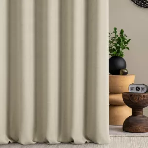 Zasłona szyta na taśmie 5 cm ciemnobeżowa z tkaniny z jodełkowym wzorem geometrycznym