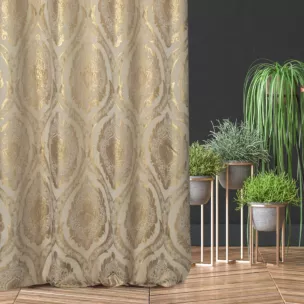 Zasłona szyta na tunelu złota z szenilowej tkaniny w klasyczny wzór ornamentowy przetykany błyszczącą nicią Italissima Eva Minge