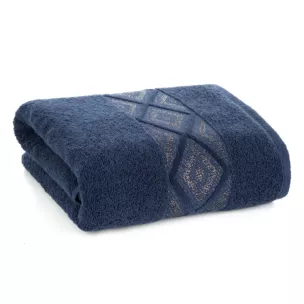 Ręcznik kąpielowy 50x90 cm bawełniany kolor granatowy z ozdobną geometryczną bordiurą AZARI Eurofirany