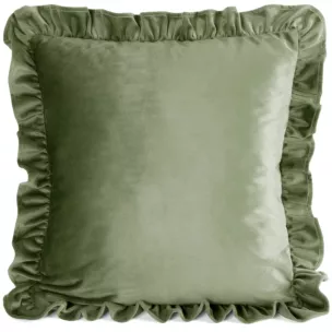 Poszewka na poduszkę 60x60 cm z aksamitnego welwetu zdobiona na brzegach falbanami oliwkowa BRENDA EUROFIRANY PREMIUM