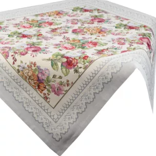 Obrus jasnoszaro, różowy 100x100 cm gobelinowy zdobiony tkanym motywem kwiatowym