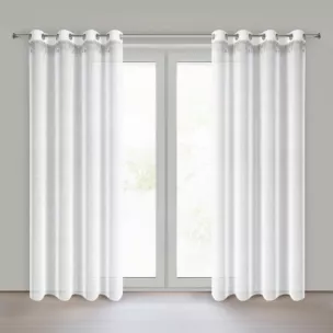 Firana świąteczna biało, srebrna z etaminy zdobiona aplikacją z motywem gwiazdek 140x250 cm przelotki - XMAS Eurofirany