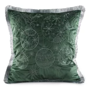 Poszewka na poduszkę 45x45 cm z haftowanym świątecznym motywem z frędzlami na brzegach ciemnozielono, srebrna Eurofirany