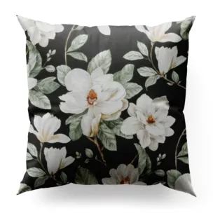 Poszewka szyta grafitowo kremowa z tkaniny o płóciennym splocie z nadrukiem w magnolie