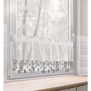 Zazdrostka świąteczna biało, srebrna z etaminy zdobiona luźno zwisającymi gwiazdkami 150x30 cm tunel - XMAS Eurofirany