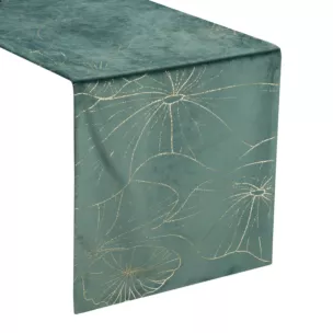 Bieżnik na stół ciemnomiętowo, złocisty 35x140 cm welwetowy BLINK 15 z liśćmi lilii wodnej