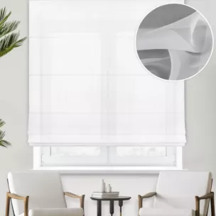 Roleta rzymska biała z delikatnej, miękkiej w dotyku żorżety, wykończonej obciążnikiem