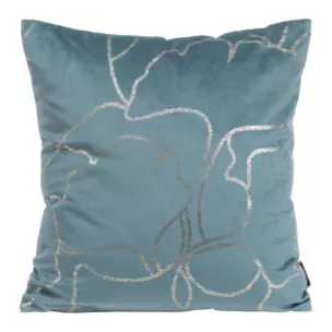 Poszewka na poduszkę 45x45 cm welwetowa ze złocistym nadrukiem z motywem liści miłorzębu niebieska BLINK 35 Eurofirany
