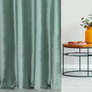 Zasłona szyta na taśmie fala miętowa z tkaniny welwetowej w pionowe prążki, wykończona obciążnikiem