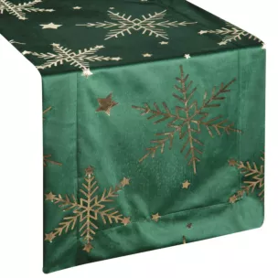 Bieżnik świąteczny 40x140 cm ciemnozielony, szampański welwetowy zdobiony błyszczącym nadrukiem Eurofirany