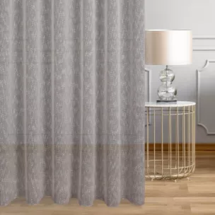 Firana szyta na taśmie 5 cm beżowa z matowej siatki w stylu eko, wykończona obciążnikiem