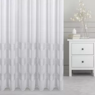 Firana szyta na taśmie 8 cm naturalno jasnoszara z etaminy zdobionej poziomymi pasami, wykończona obciążnikiem Italissima Eva Minge