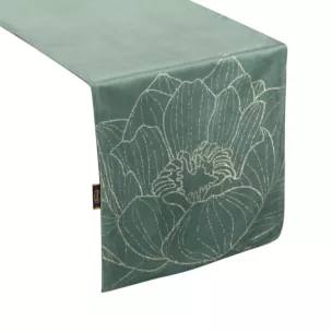 Bieżnik na stół ciemnomiętowo, złocisty 35x220 cm welwetowy BLINK 13 z dużym wzorem lilii wodnej