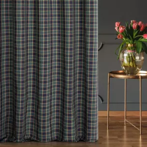 Zasłona szyta na przelotkach granatowo zielona z delikatnej tkaniny w kratkę