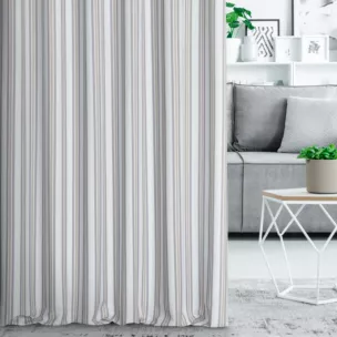 Zasłona szyta na taśmie fala kremowo grafitowa z tkaniny o naturalnym splocie z nadrukowanym wzorem w pasy