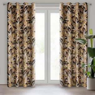 Zasłona czarno, złota z błyszczącym wzorem egzotycznych liści z welwetu 140x250 cm przelotka ADEL  Eurofirany