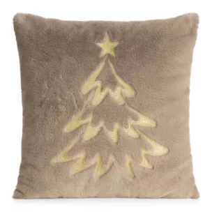 Poszewka na poduszkę świąteczna 45x45 cm jasnobrązowo, szampańska z przyjemnego futerka zdobiona haftem choinki Eurofirany