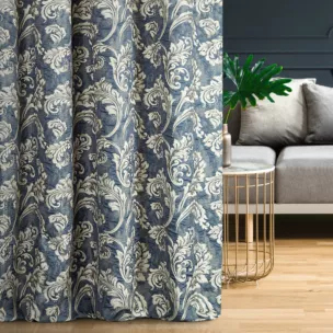 Zasłona szyta na taśmie 5 cm PERUGIA granatowa ze szlachetnej tkaniny z dużym roślinnym wzorem