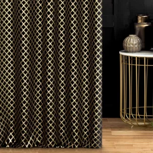 Zasłona szyta na taśmie fala czarno złota z szenilowej tkaniny w drobny geometryczny wzór przetykany błyszczącą nicią