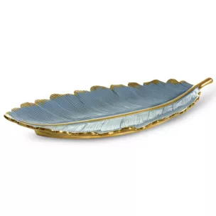 Patera ceramiczna dekoracyjna niebiesko-złota w formie liścia 53x23x7 cm HIRAL Eurofirany
