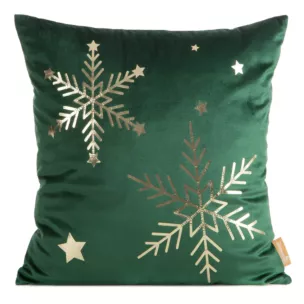 Poszewka na poduszkę świąteczna 45x45 cm welwetowa ciemnozielona zdobiona nadrukiem szampańskich śnieżynek Eurofirany