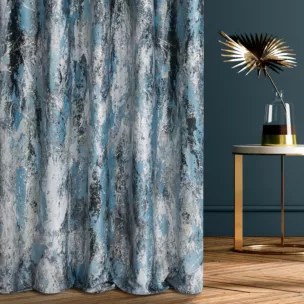 Zasłona szyta na taśmie fala turkusowo srebrna z welwetowej tkaniny z błyszczącym nadrukiem