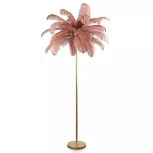 Lampa stojąca do salonu pudrowo, szampańska FERI na metalowej podstawie z efektownym abażurem z naturalnych strusich piór Eurofirany