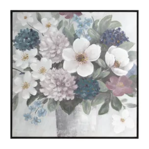 Obraz kremowo, zielony ręcznie malowane kwiaty na płótnie z błyszczącymi akcentami 80x80 cm Eurofirany